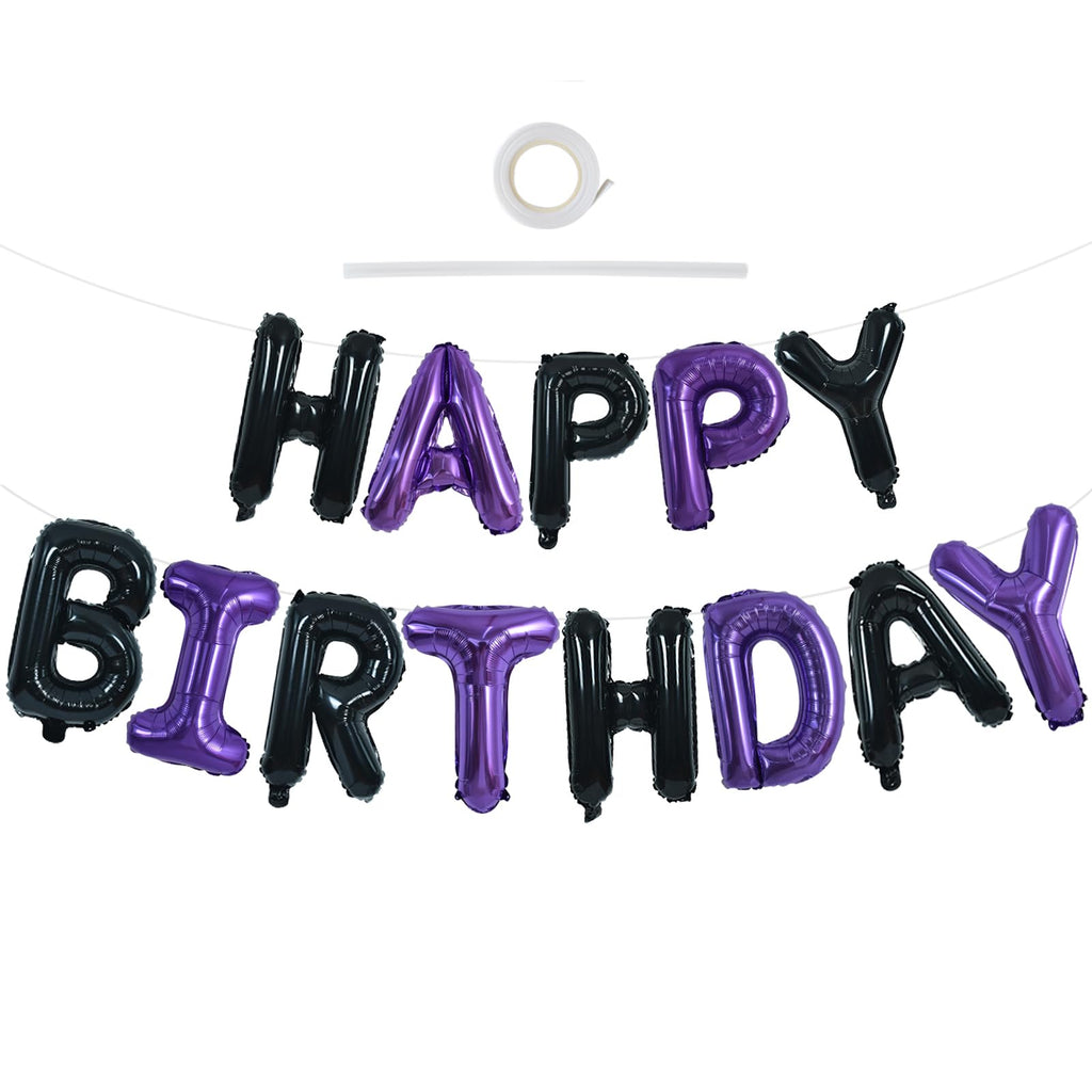 TONIFUL Happy Birthday Banner - 16 Inch Mylar Foil Letters, Reusable Party Decoration (Black Purple)