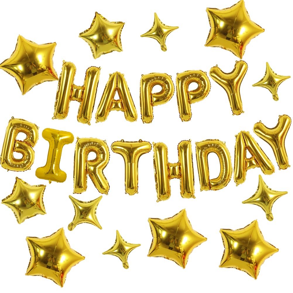 TONIFUL Gold 35PCS Happy Birthday Decorations Kit — 16-Inch Letter Banner + Star Balloons