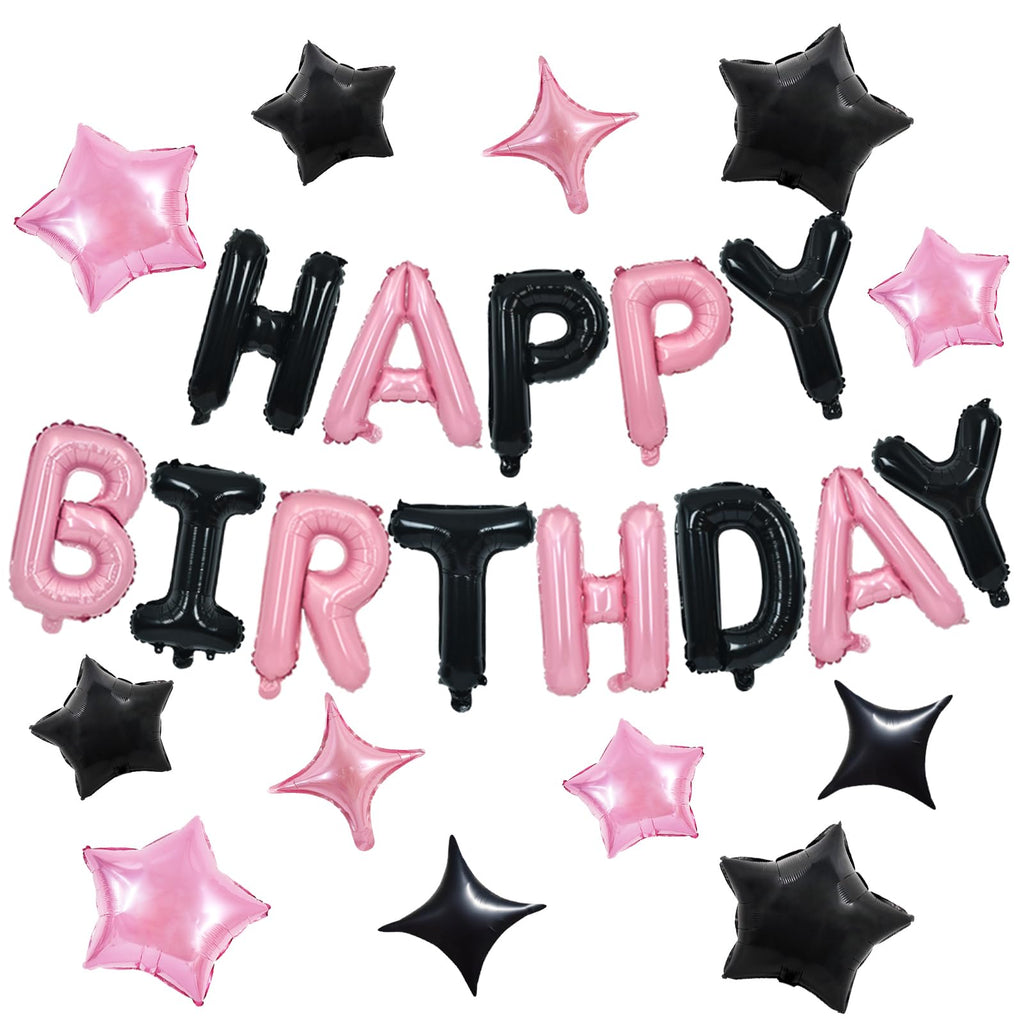 TONIFUL 35Pcs Black Pink Happy Birthday Decorations Kit – 16 Inch Foil Letter Banner & Star Balloons