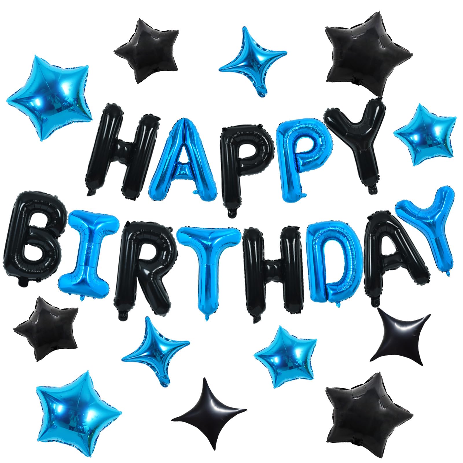 TONIFUL 35PCS Black Blue Happy Birthday Decorations Kit – 16in Foil Letter Banners & Star Balloons