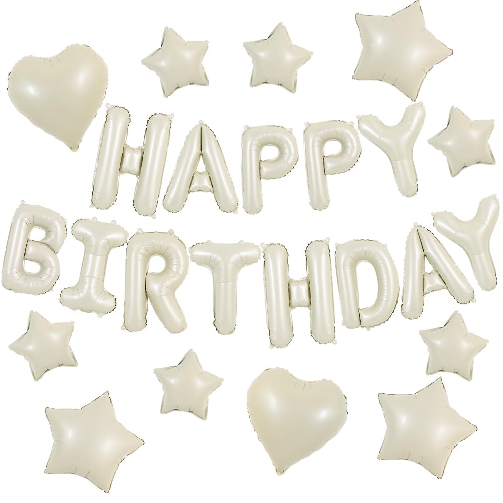 TONIFUL 31PCS Cream White Happy Birthday Decorations – 16in Letter Banner, Star & Heart Foil Balloons