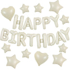 TONIFUL 31PCS Cream White Happy Birthday Decorations – 16in Letter Banner, Star & Heart Foil Balloons