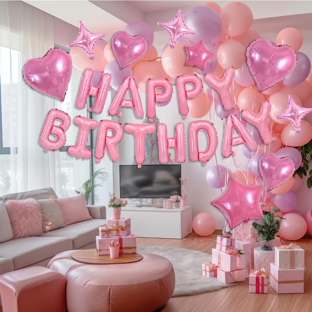 TONIFUL 35PCS Light Pink Happy Birthday Decorations – 16-Inch Foil Letter Banner + Star Balloons
