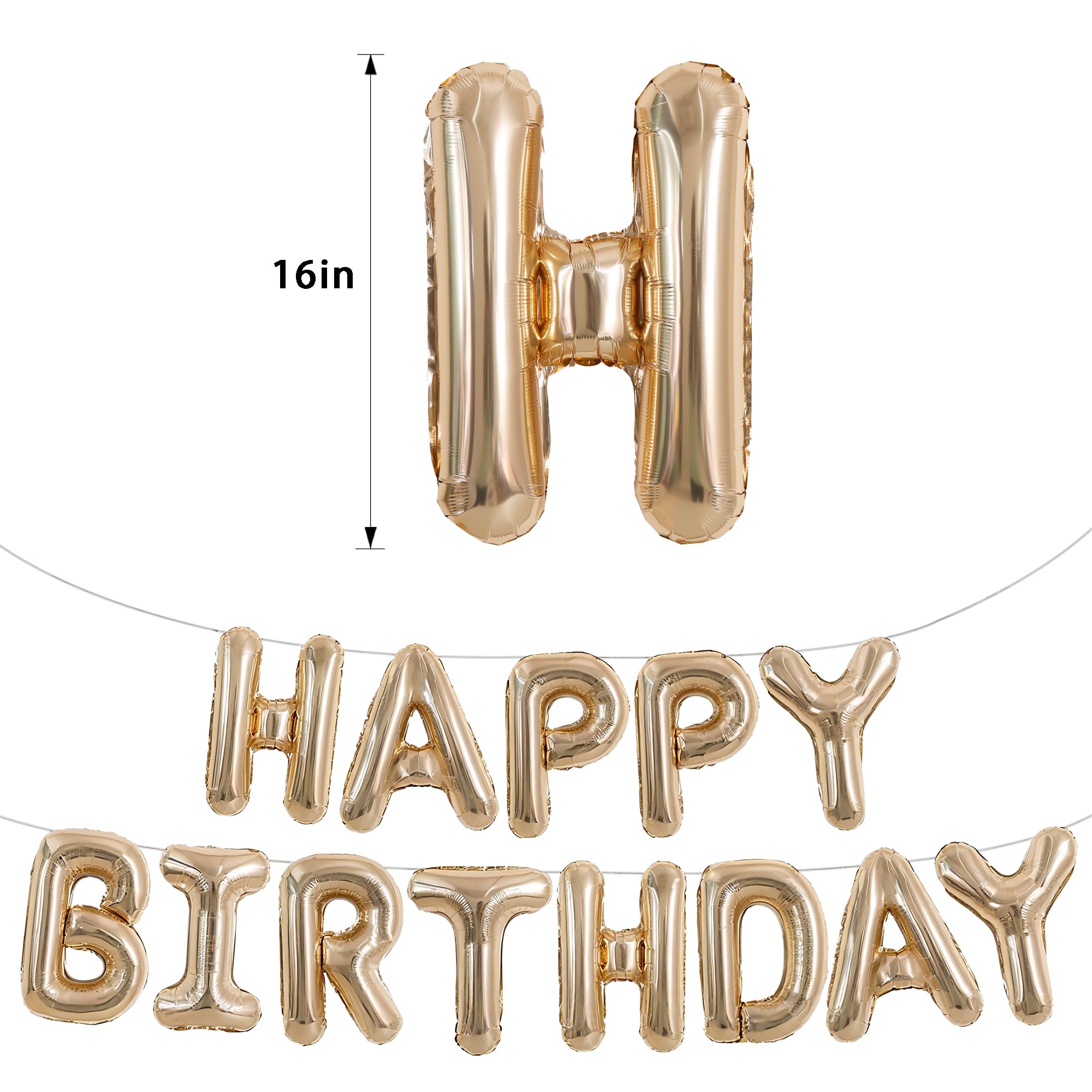 TONIFUL Happy Birthday Balloons Banner 16 Inch Champagne Gold Foil Letters – Reusable Party Decor