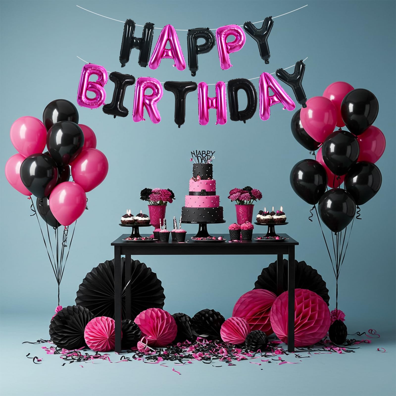 TONIFUL Happy Birthday Banner — 16-Inch Foil Letter Balloons (Black Pink)