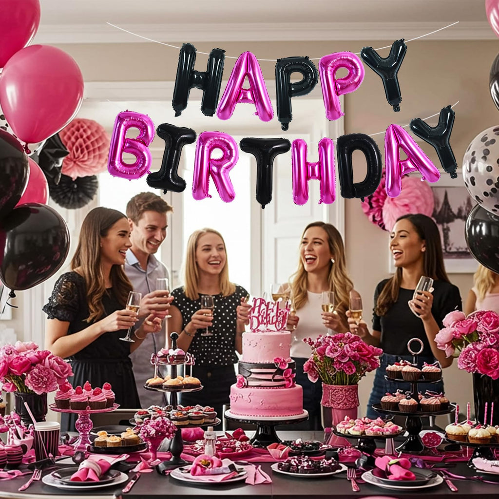TONIFUL Happy Birthday Banner — 16-Inch Foil Letter Balloons (Black Pink)