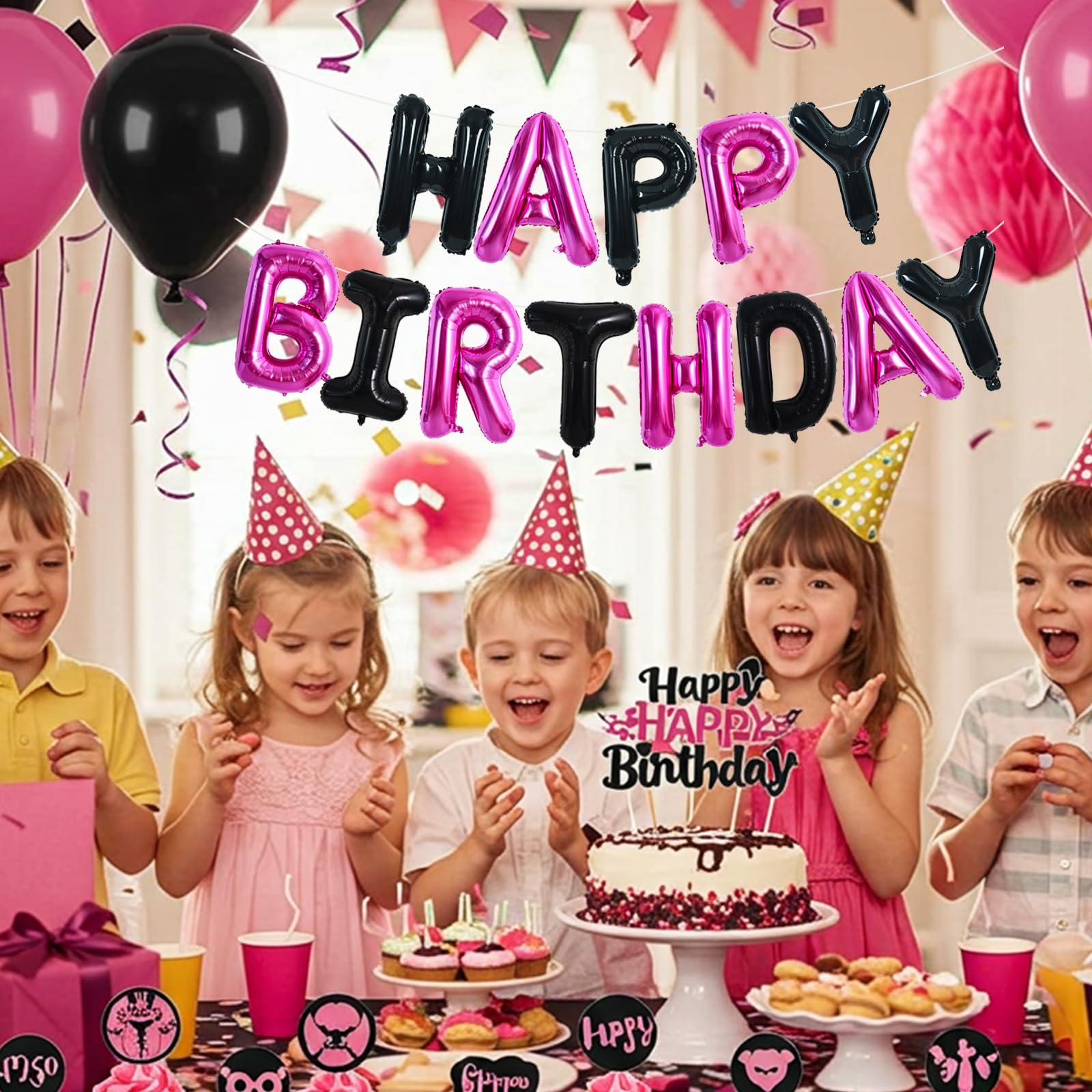TONIFUL Happy Birthday Banner — 16-Inch Foil Letter Balloons (Black Pink)