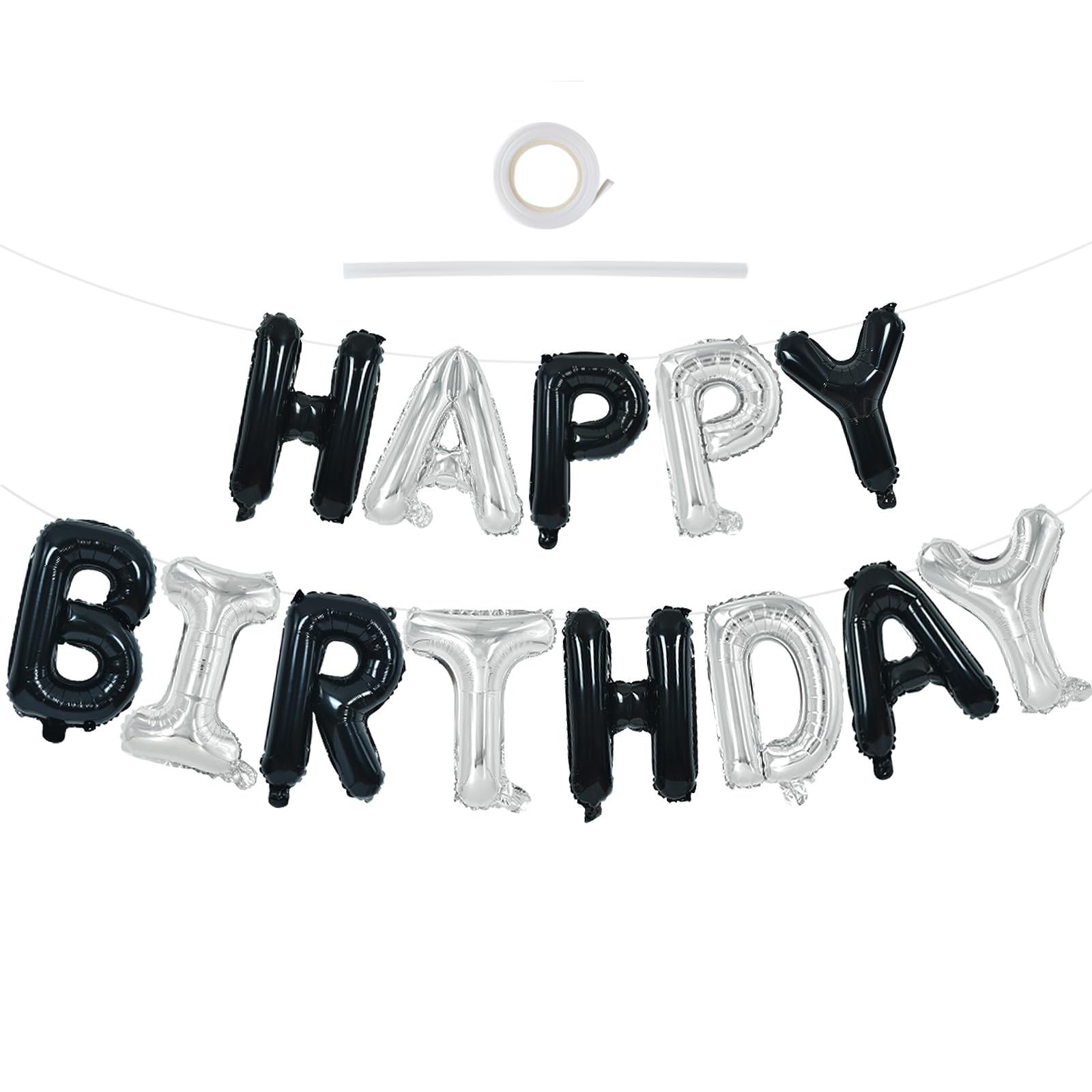 TONIFUL Happy Birthday Balloons Banner with Ribbon Straw – 16-Inch Mylar Letters, Reusable Black & Silver