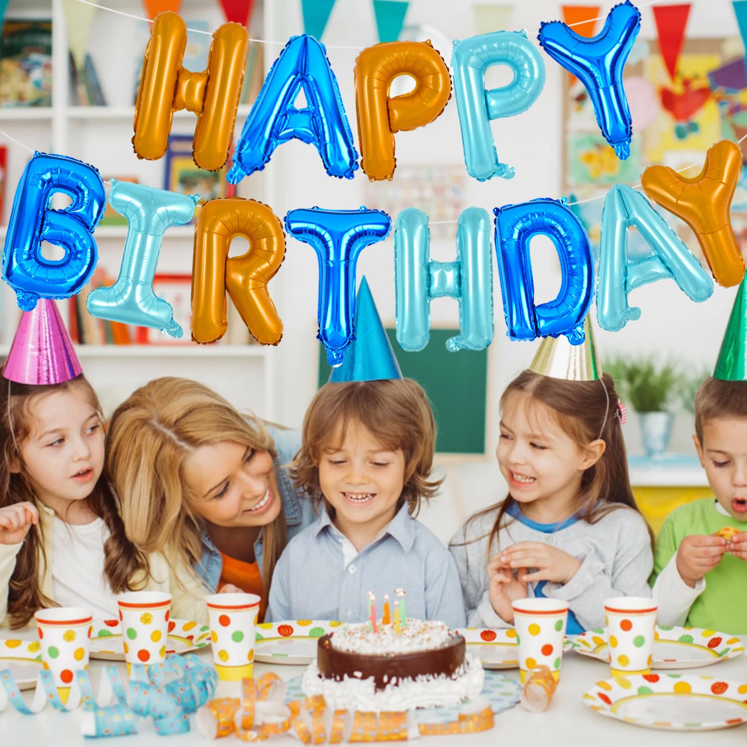 TONIFUL Happy Birthday Balloons Banner - 16inch Foil Letter Banner with Straw & Ribbon (Blue & Orange)