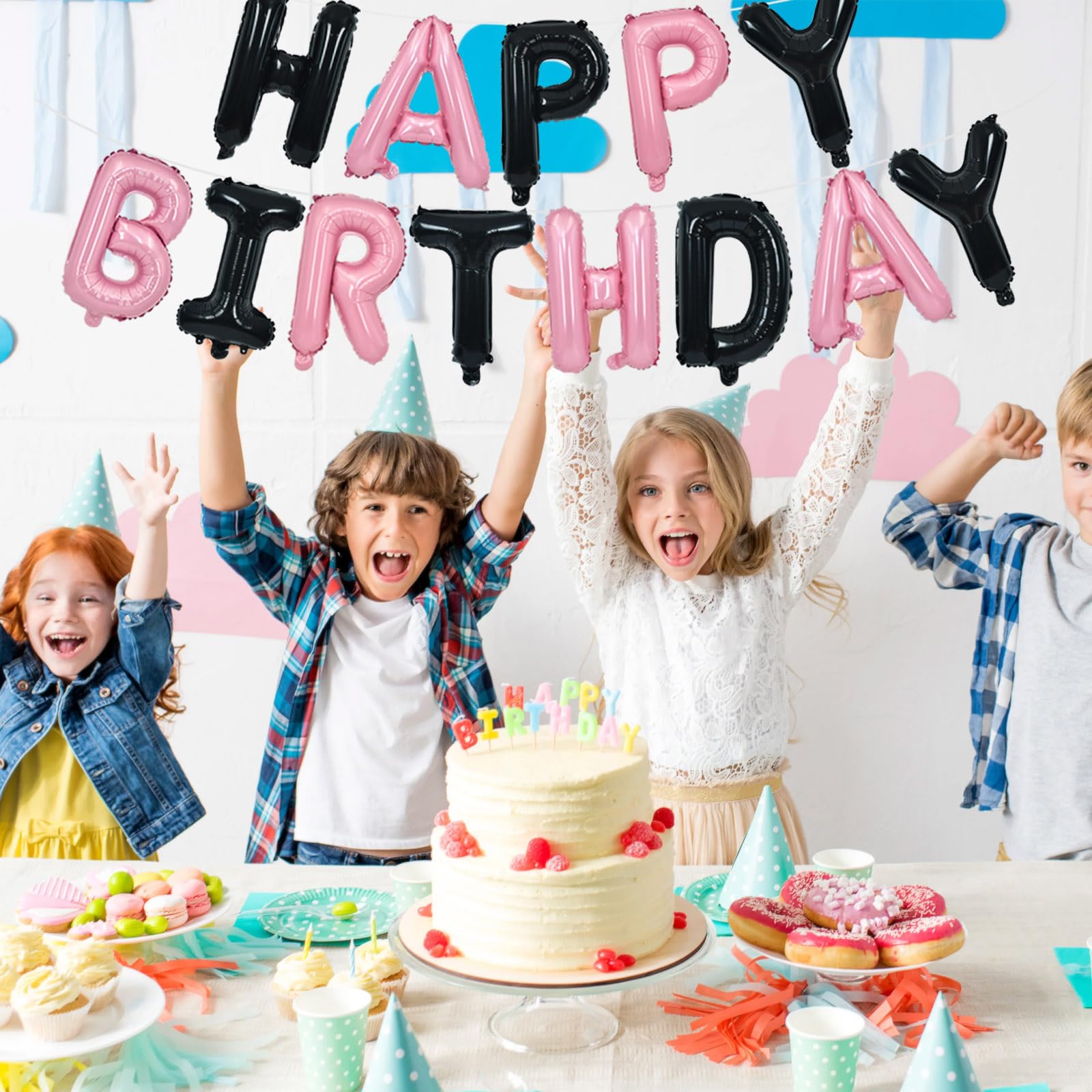TONIFUL Happy Birthday Foil Letters Banner — 16-Inch Mylar Balloons, Reusable Black Pink Birthday Party Decorations