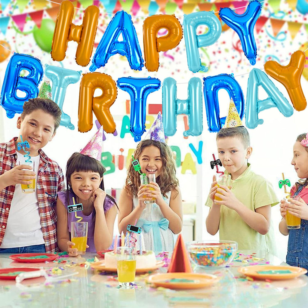 TONIFUL Happy Birthday Balloons Banner - 16inch Foil Letter Banner with Straw & Ribbon (Blue & Orange)