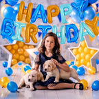 TONIFUL Happy Birthday Balloons Banner - 16inch Foil Letter Banner with Straw & Ribbon (Blue & Orange)