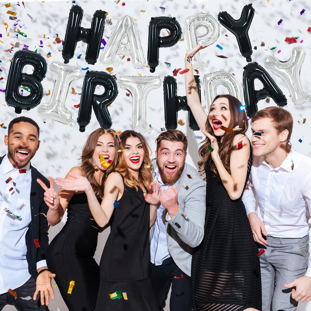 TONIFUL Happy Birthday Balloons Banner with Ribbon Straw – 16-Inch Mylar Letters, Reusable Black & Silver