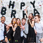 TONIFUL Happy Birthday Balloons Banner with Ribbon Straw – 16-Inch Mylar Letters, Reusable Black & Silver