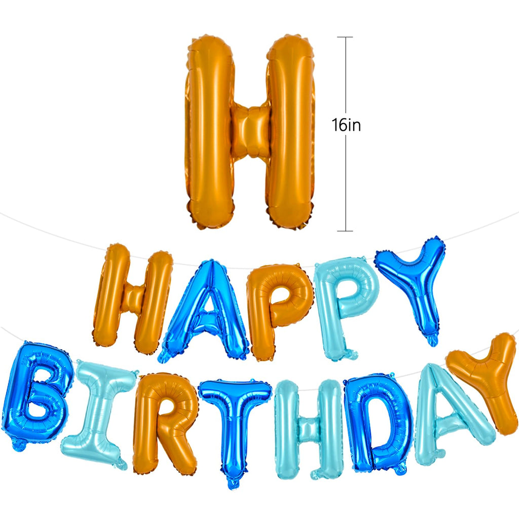 TONIFUL Happy Birthday Balloons Banner - 16inch Foil Letter Banner with Straw & Ribbon (Blue & Orange)
