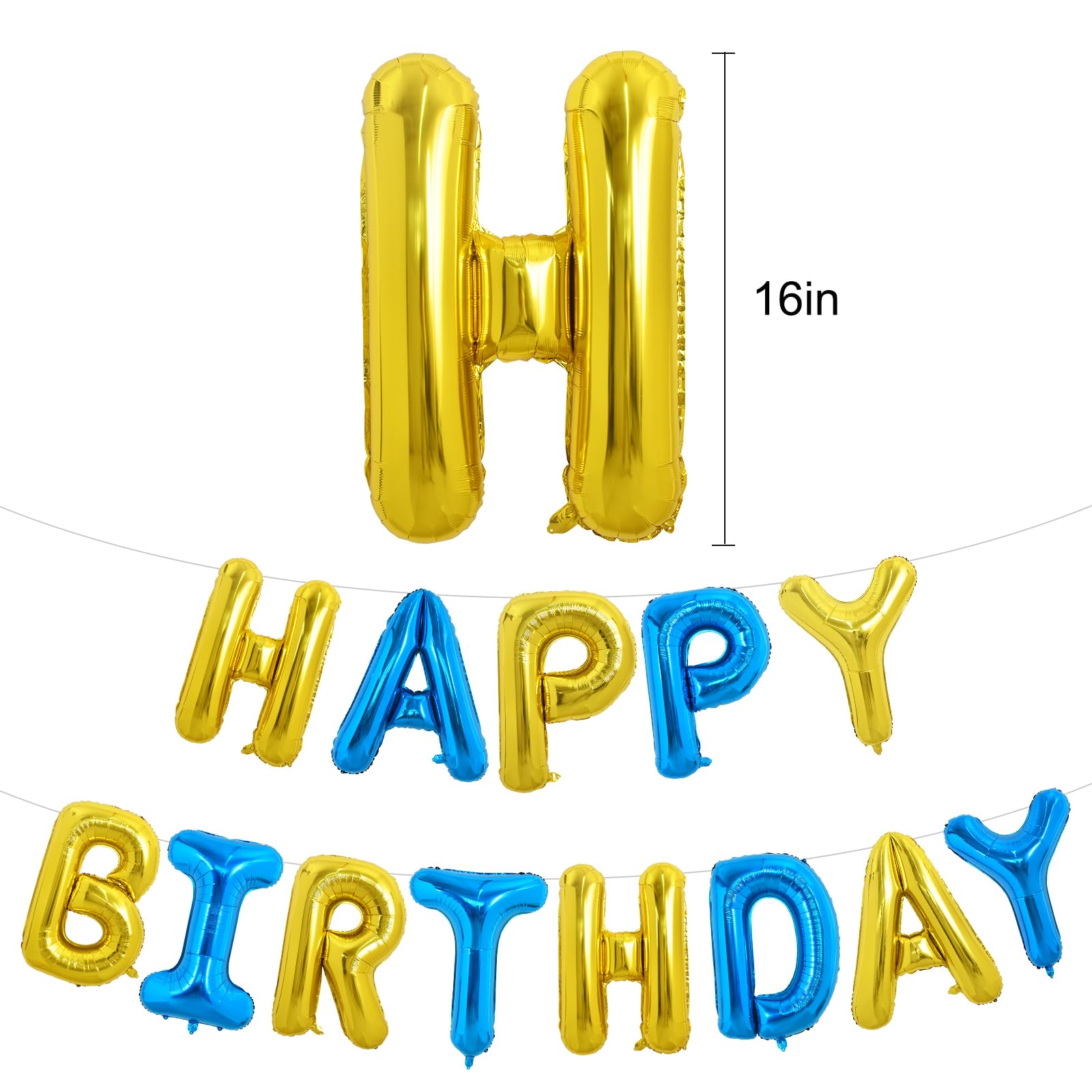 TONIFUL Happy Birthday Foil Letter Balloons 16 Inch Banner – Gold & Blue, Reusable