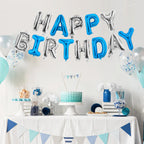 TONIFUL Happy Birthday Balloons Banner - 16 Inch Navy Blue & Silver Mylar Foil Letters | Reusable Party Decor