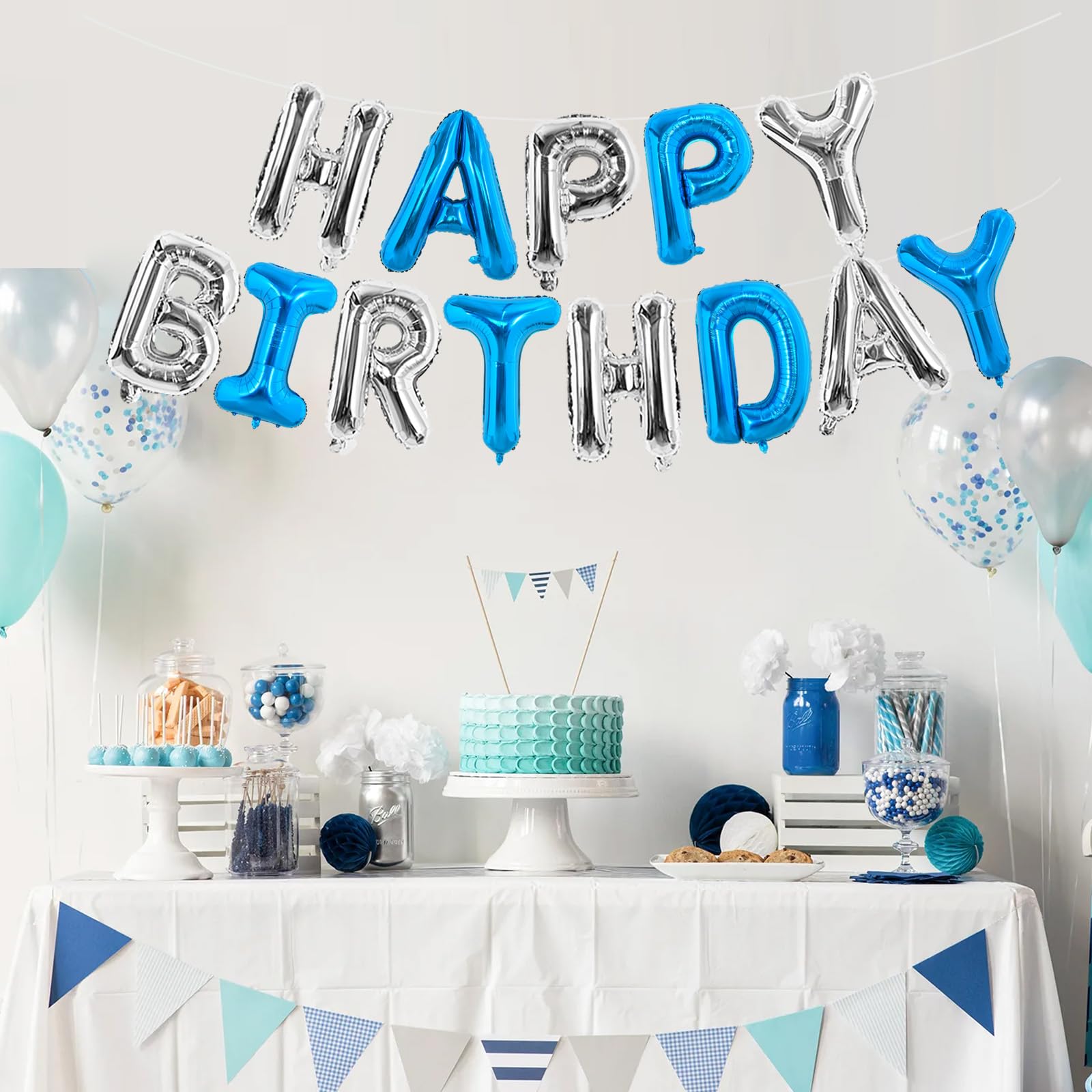 TONIFUL Happy Birthday Balloons Banner - 16 Inch Navy Blue & Silver Mylar Foil Letters | Reusable Party Decor