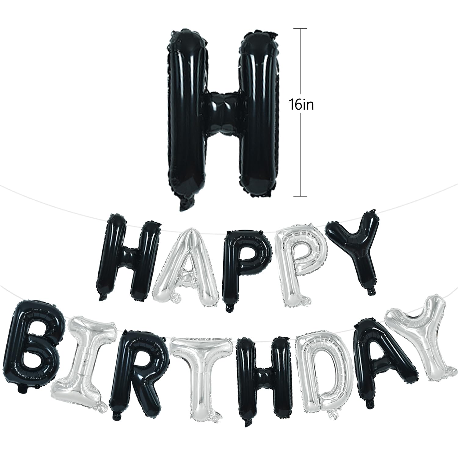 TONIFUL Happy Birthday Balloons Banner with Ribbon Straw – 16-Inch Mylar Letters, Reusable Black & Silver