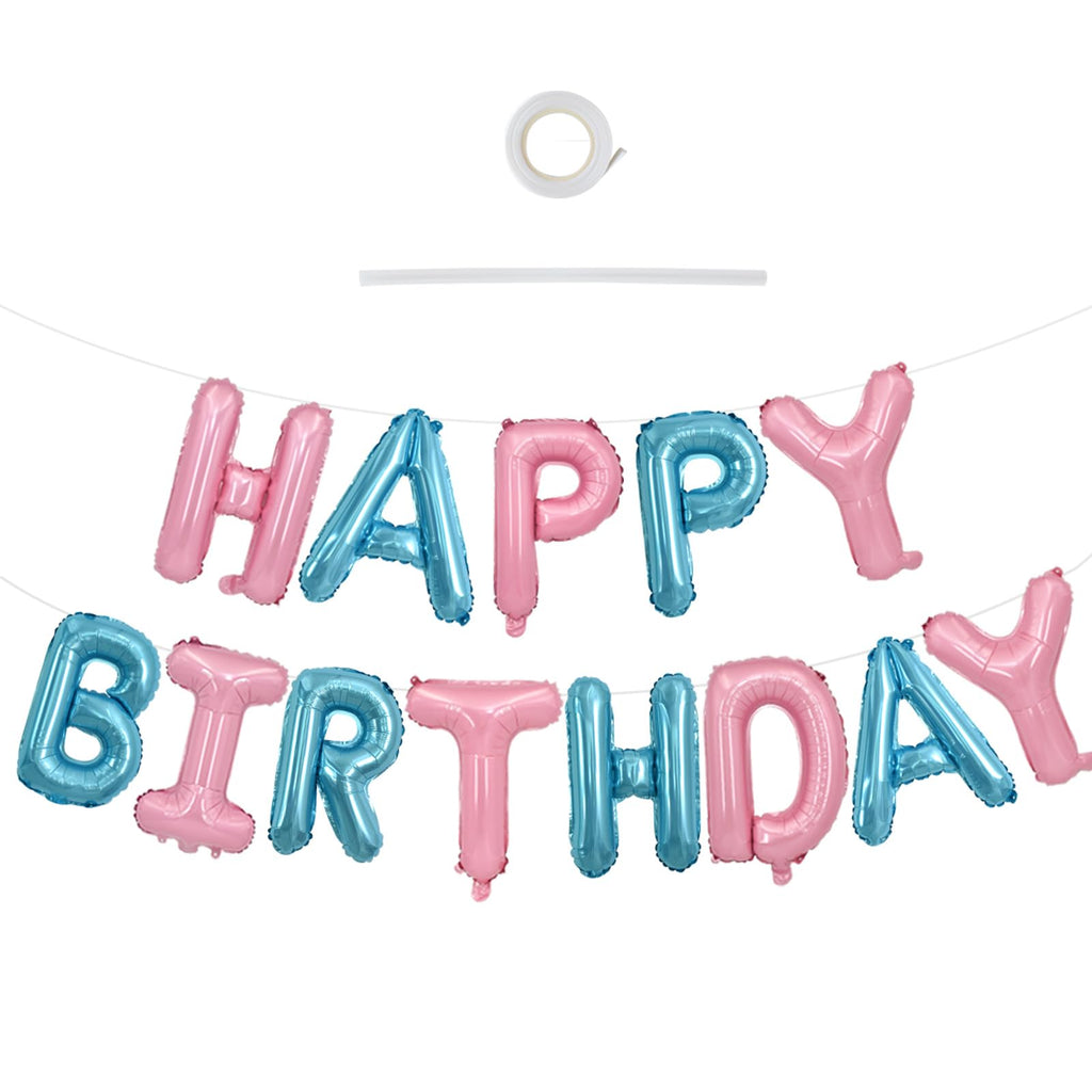 TONIFUL Happy Birthday Balloons Banner – 16-Inch Foil Letter Balloons, Reusable Party Decor (Light Pink & Blue)