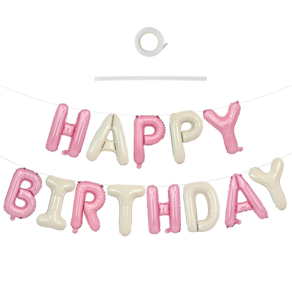 TONIFUL Happy Birthday Foil Letter Balloons 16-Inch with Ribbon & Straw – Reusable Birthday Banner (Cream White Pink)