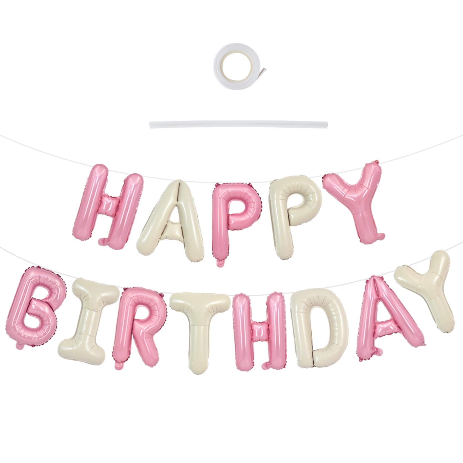 TONIFUL Happy Birthday Foil Letter Balloons 16-Inch with Ribbon & Straw – Reusable Birthday Banner (Cream White Pink)