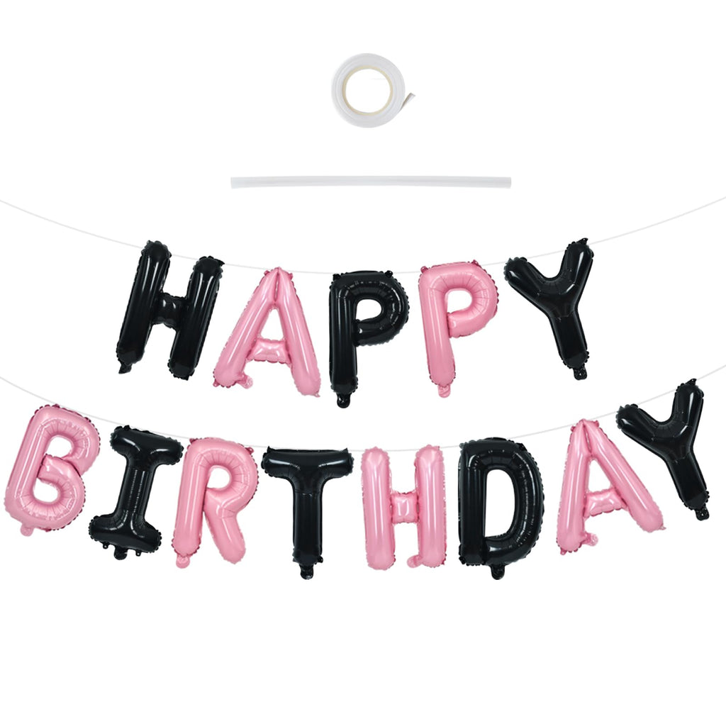 TONIFUL Happy Birthday Foil Letters Banner — 16-Inch Mylar Balloons, Reusable Black Pink Birthday Party Decorations