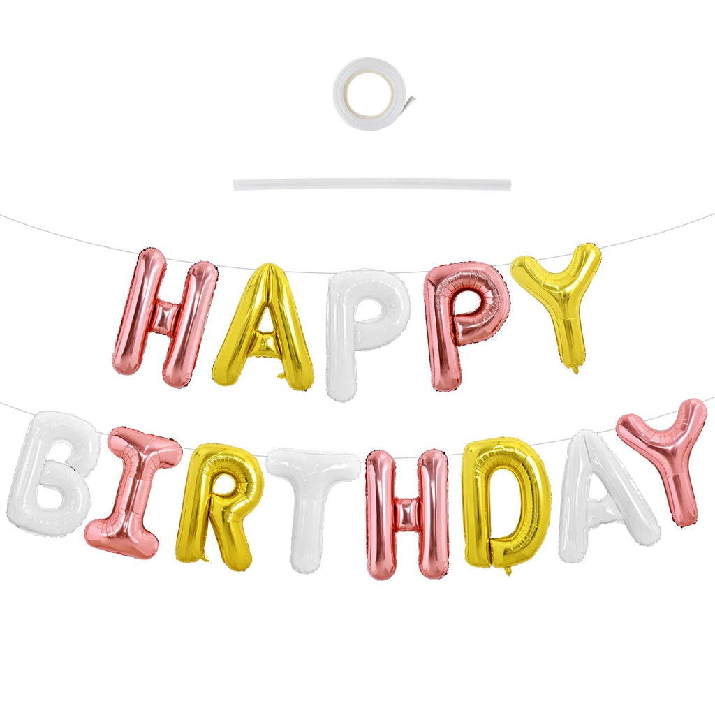 TONIFUL Happy Birthday Balloons Banner - 16-Inch Foil Letter Balloons in Rose Gold, Gold & White | Reusable Party Decorations