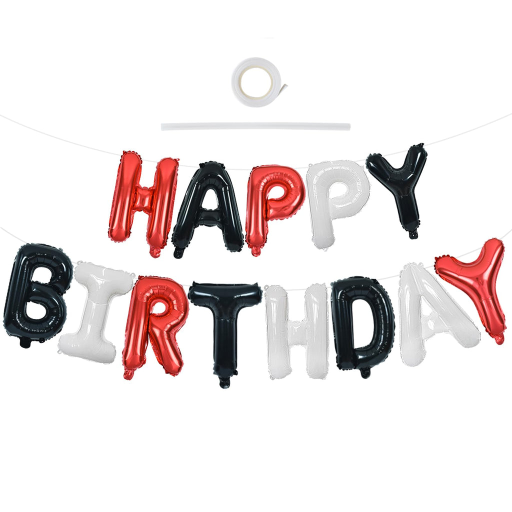 TONIFUL Happy Birthday Balloons Banner with Ribbon Straw – 16-Inch Foil Letter Bunting (Red, Black & White)