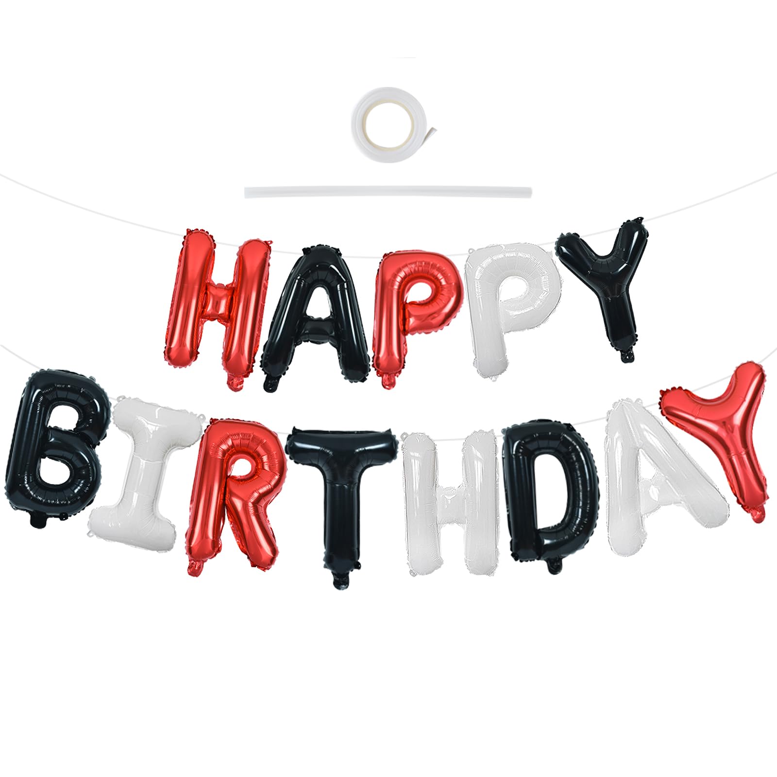 TONIFUL Happy Birthday Balloons Banner with Ribbon Straw – 16-Inch Foil Letter Bunting (Red, Black & White)