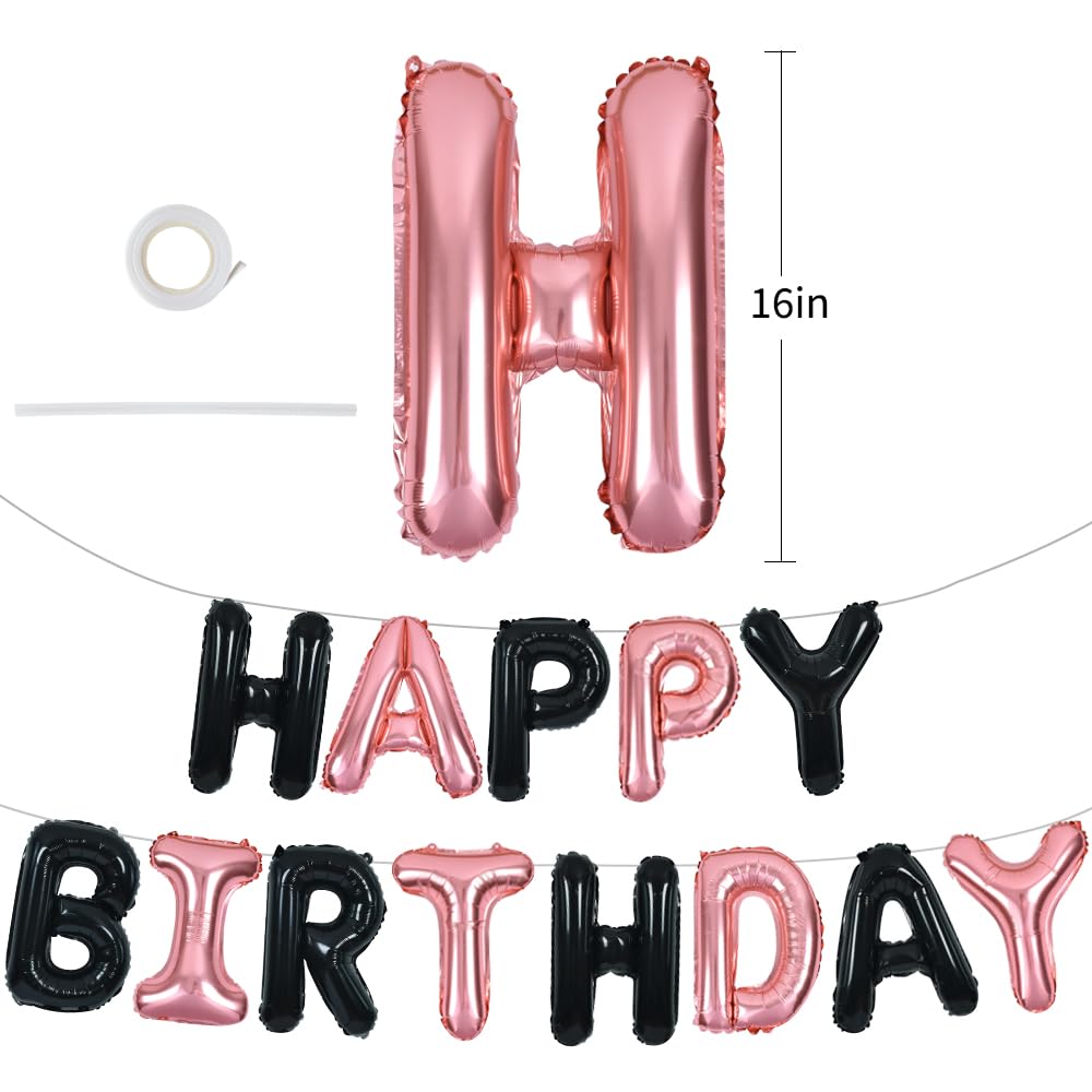 TONIFUL Black Rose Gold Happy Birthday Banner – 16-Inch Mylar Foil Letters | Reusable Party Decoration