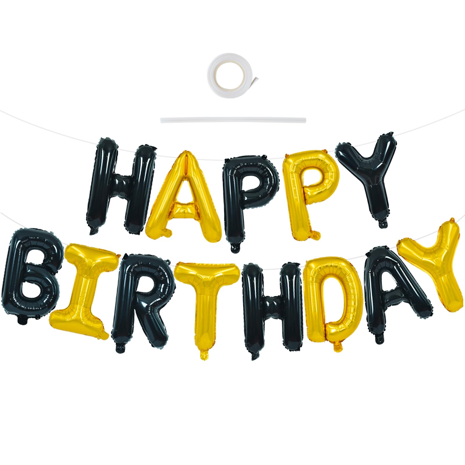 TONIFUL Happy Birthday Balloons Banner - 16 Inch Mylar Letters with Ribbon and Straw, Reusable Black Gold Birthday Decor