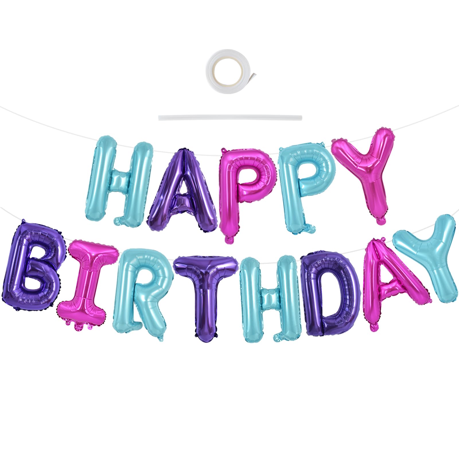 TONIFUL Happy Birthday Balloons Banner with Ribbon Straw – 16 Inch Foil Letter Banner, Reusable Party Decor