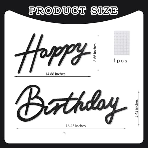 TONIFUL Happy Birthday Sign for Backdrop — Glitter Black Felt Banner with Glue