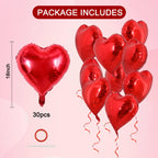 TONIFUL 30Pcs 18in Red Heart Balloons - Valentine's Day Foil Heart Decor for Romantic Weddings & Parties