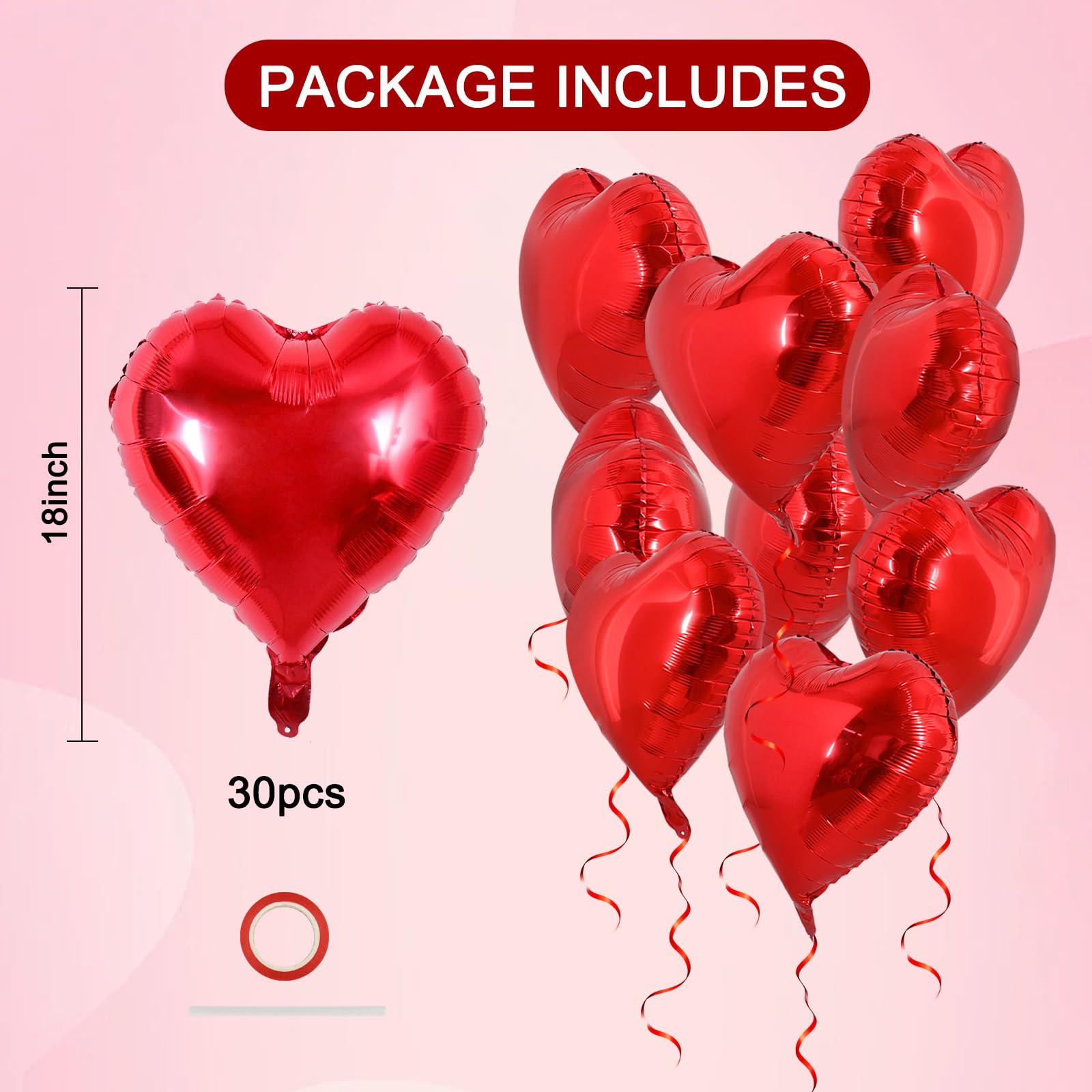 TONIFUL 30Pcs 18in Red Heart Balloons - Valentine's Day Foil Heart Decor for Romantic Weddings & Parties