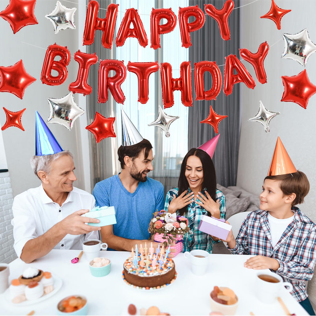TONIFUL 35PCS Red Happy Birthday Decorations Kit — 16-Inch Balloon Banner + Star Balloons