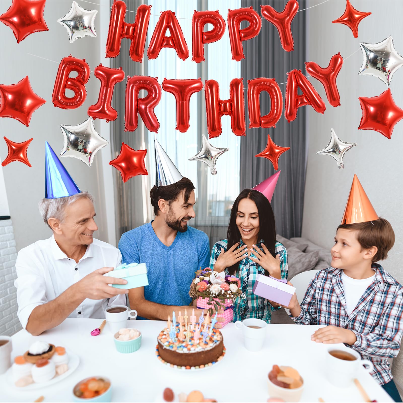 TONIFUL 35PCS Red Happy Birthday Decorations Kit — 16-Inch Balloon Banner + Star Balloons