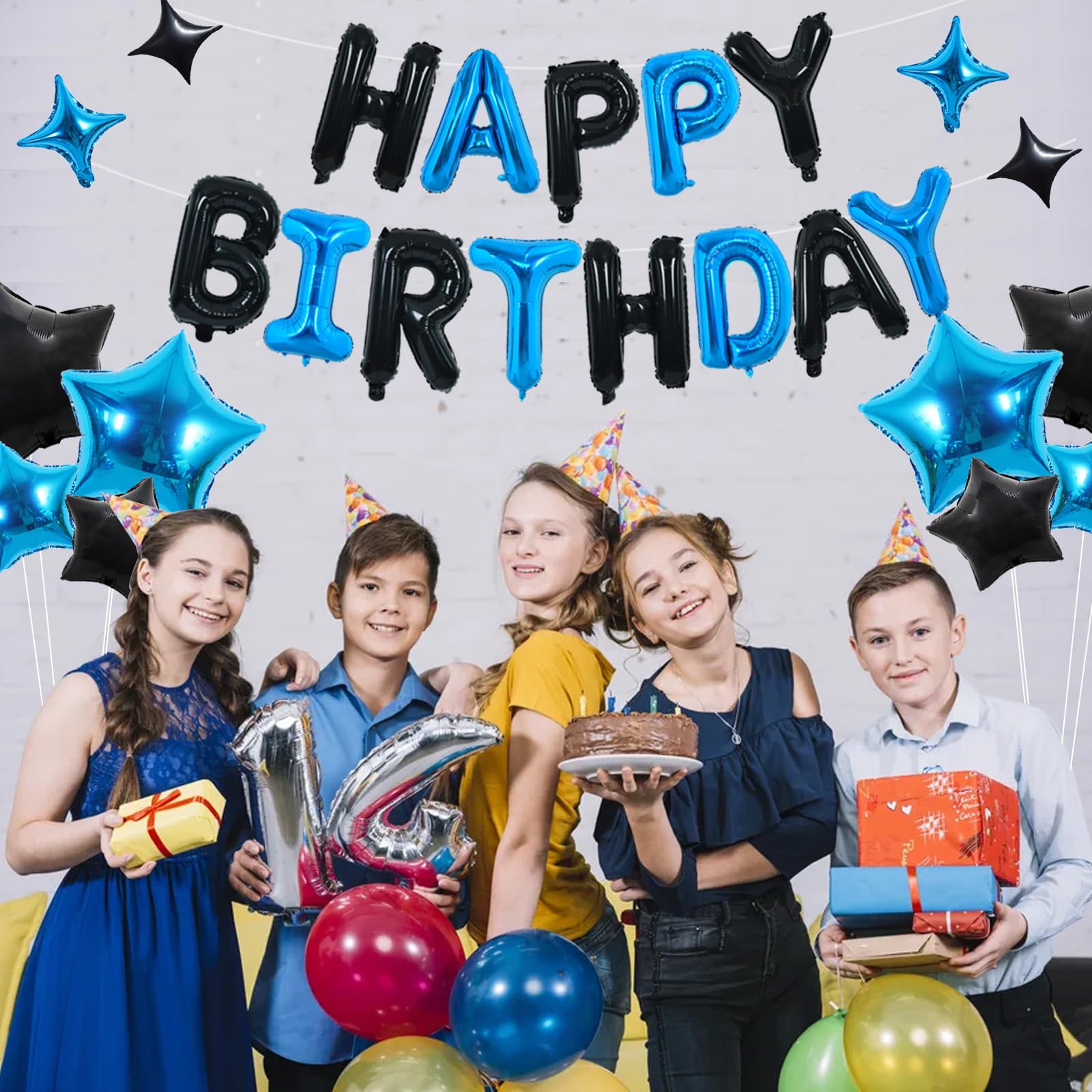 TONIFUL 35PCS Black Blue Happy Birthday Decorations Kit – 16in Foil Letter Banners & Star Balloons