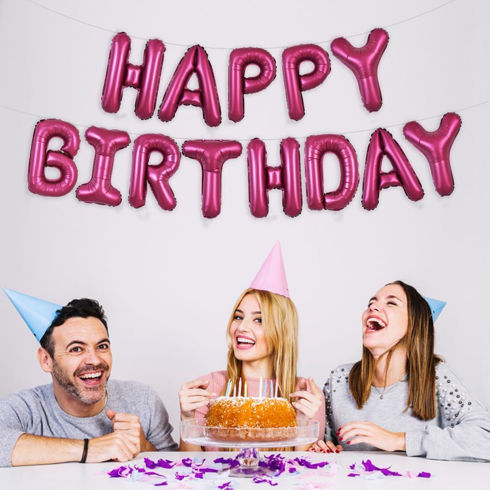 TONIFUL Happy Birthday Balloons Banner with Ribbon Straw - 16 Inch Mylar Letters, Reusable Party Decor (Wine Red)