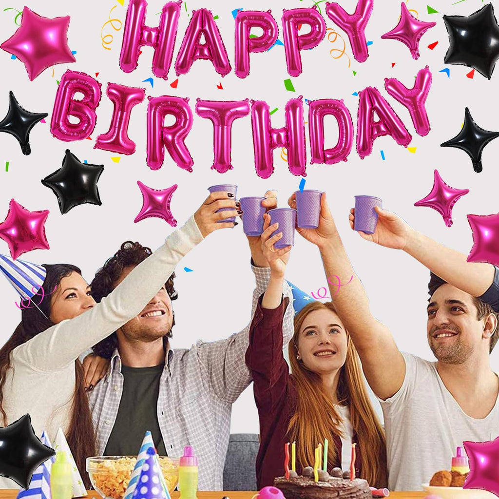 TONIFUL 35PCS 16-Inch Hot Pink Happy Birthday Balloon Banner with Stars