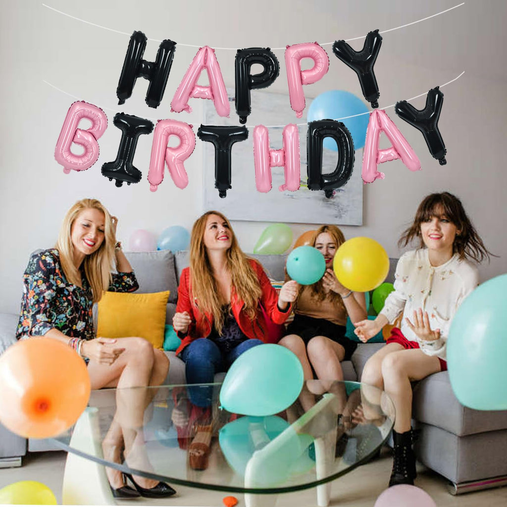 TONIFUL Happy Birthday Foil Letters Banner — 16-Inch Mylar Balloons, Reusable Black Pink Birthday Party Decorations