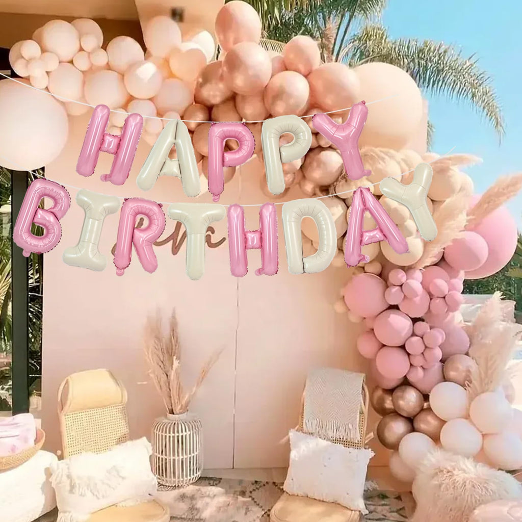 TONIFUL Happy Birthday Foil Letter Balloons 16-Inch with Ribbon & Straw – Reusable Birthday Banner (Cream White Pink)