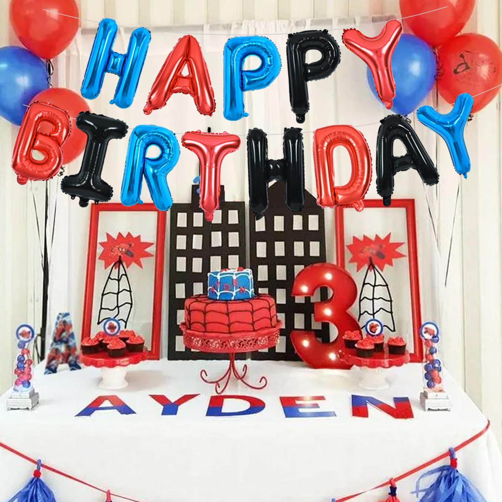 TONIFUL Happy Birthday Balloons with Ribbon Straw – 16-Inch Foil Letter Banner (Blue/Red/Black)