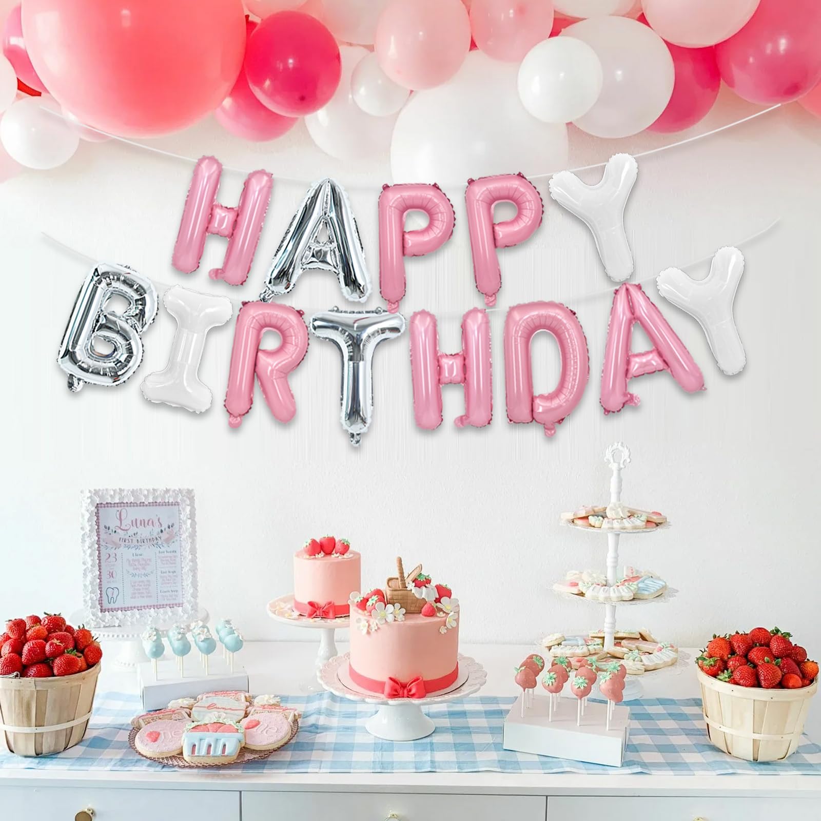 TONIFUL Happy Birthday Balloons Banner - 16-Inch Mylar Foil Letters, Reusable Birthday Party Decor (Pink/Silver/White)