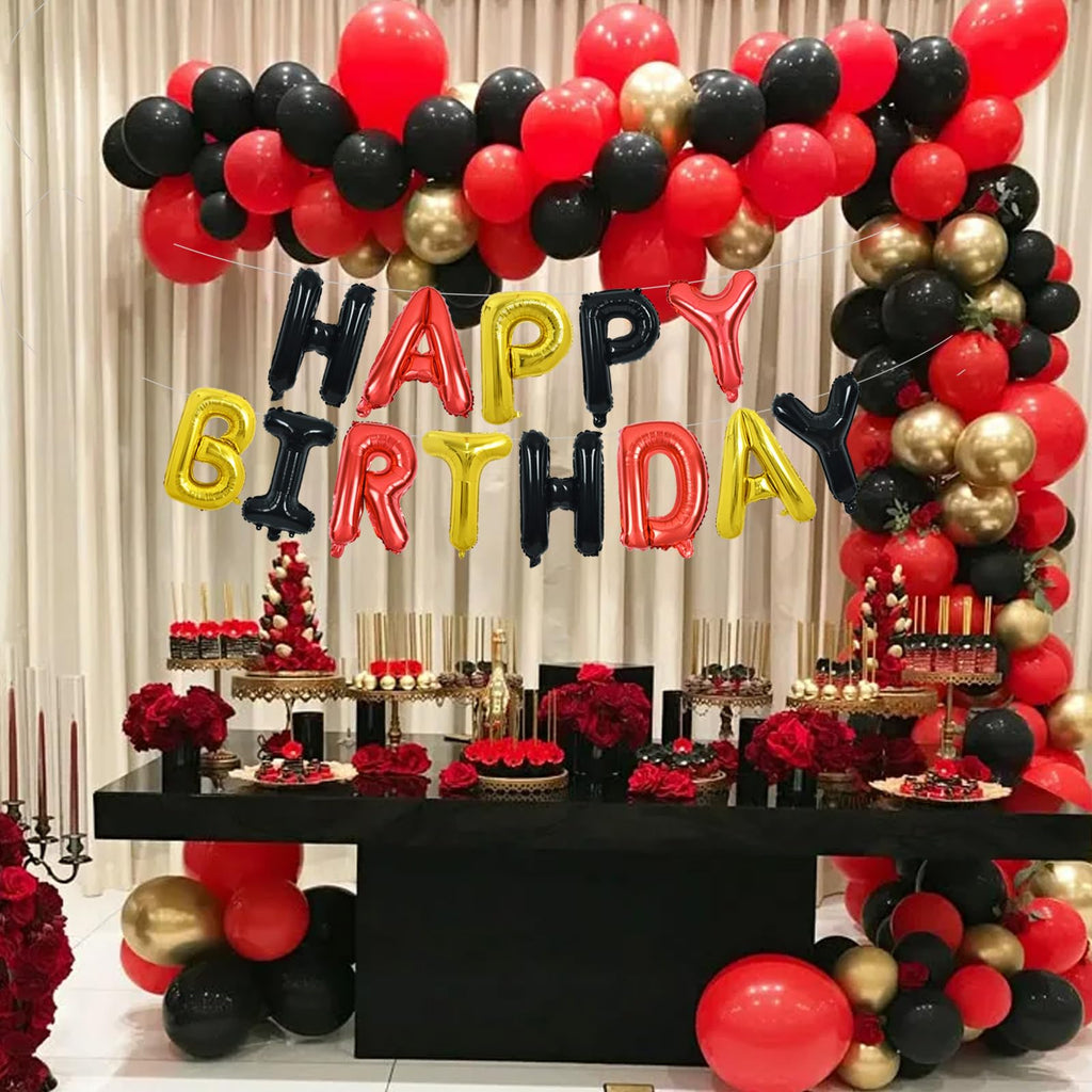 TONIFUL Happy Birthday Balloons Banner - 16inch Foil Letters, Reusable Party Decor (Black Red Gold)