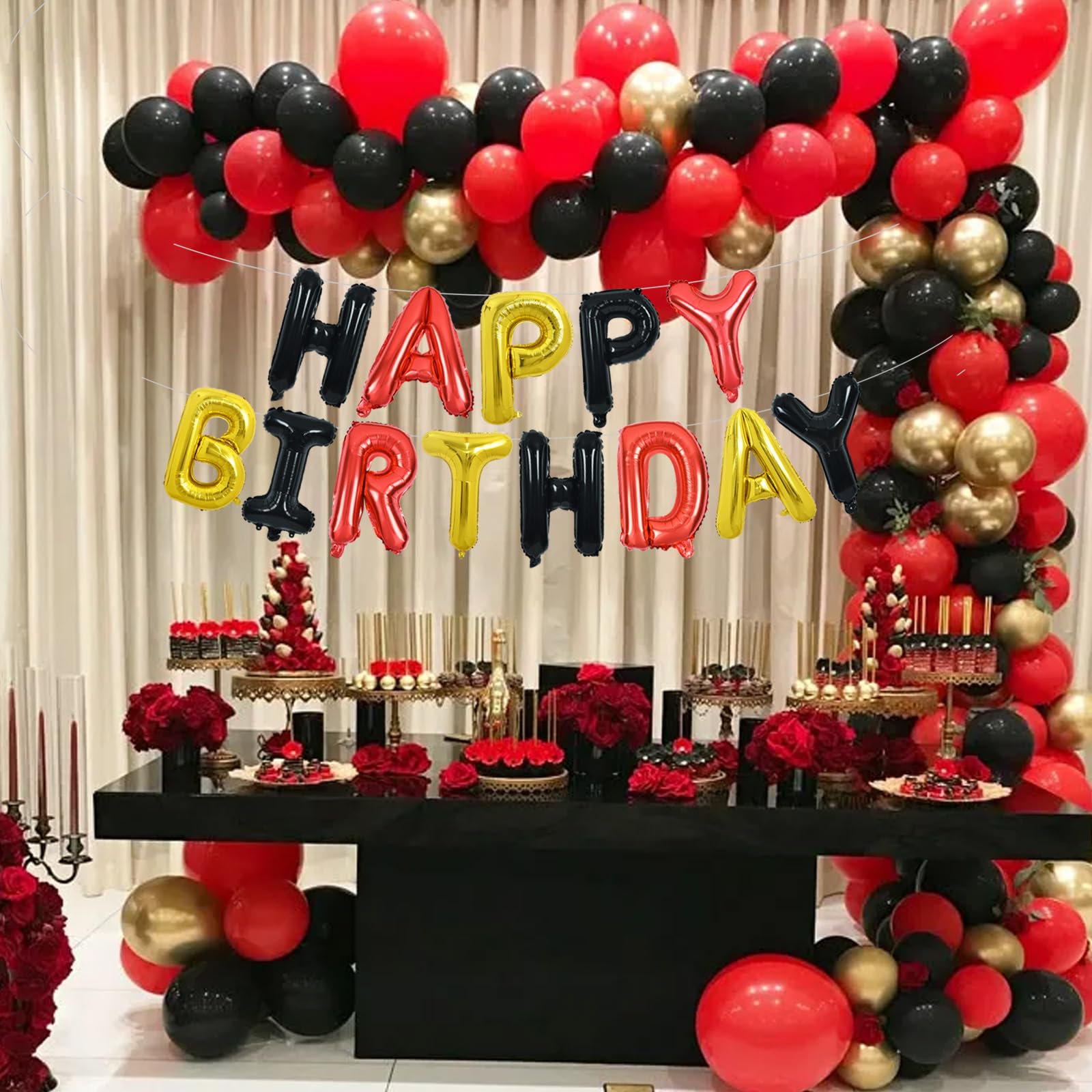 TONIFUL Happy Birthday Balloons Banner - 16inch Foil Letters, Reusable Party Decor (Black Red Gold)