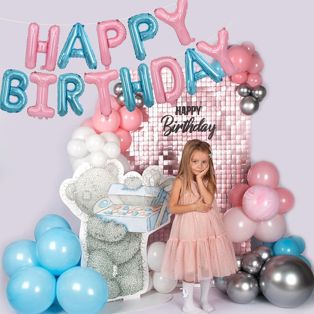 TONIFUL Happy Birthday Balloons Banner – 16-Inch Foil Letter Balloons, Reusable Party Decor (Light Pink & Blue)