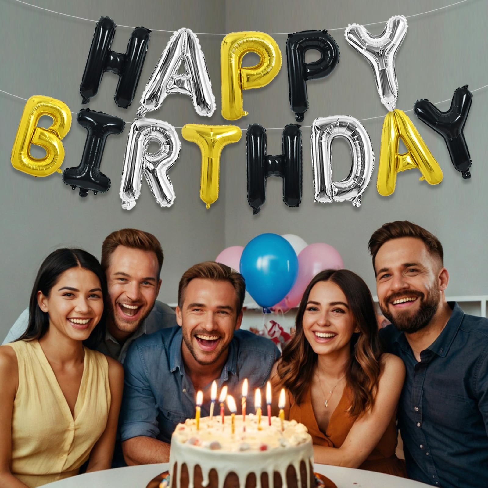TONIFUL Happy Birthday Foil Letter Banner 16in — Reusable Mylar Balloons for Birthday Party