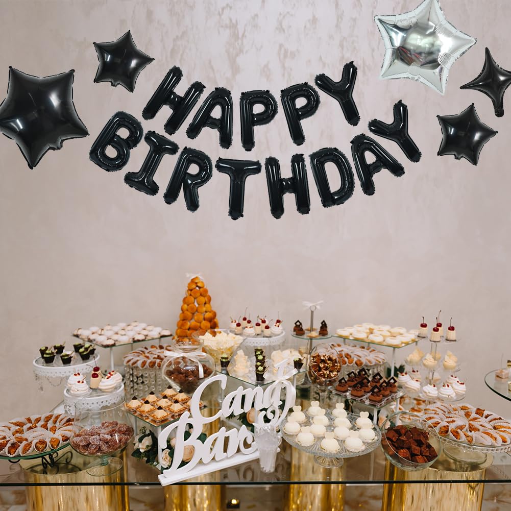 TONIFUL 35PCS Black Happy Birthday Decorations Kit — 16-Inch Letter Banner & Star Balloons